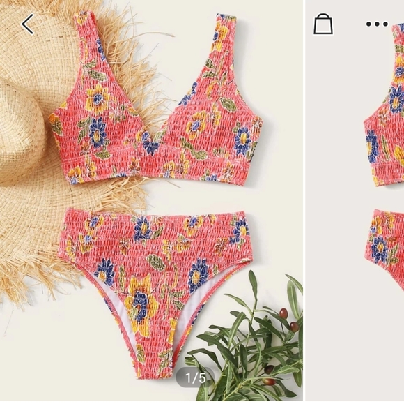 SHEIN Other - Floral smocked high waisted bikini swimsuit